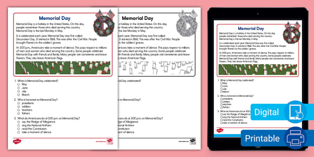 Second Grade Memorial Day Reading Passage Comprehension Activity