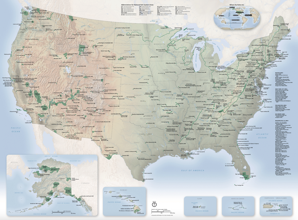 A detailed map of the United States showing the locations of all National Park System areas, including national parks, monuments, historic sites, and recreation areas across all 50 states and U.S. territories. Source: NPmaps.com.